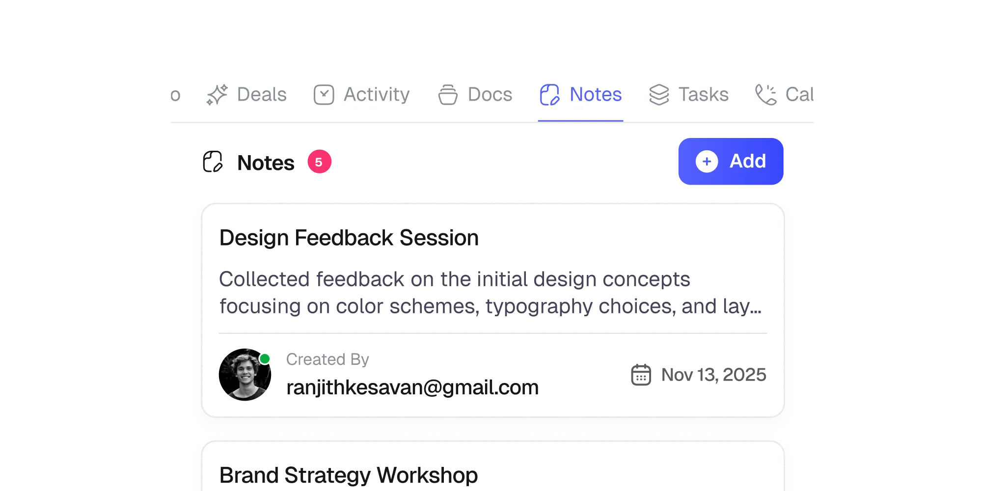 Mobile deal card with owner, status, company, and tasks.